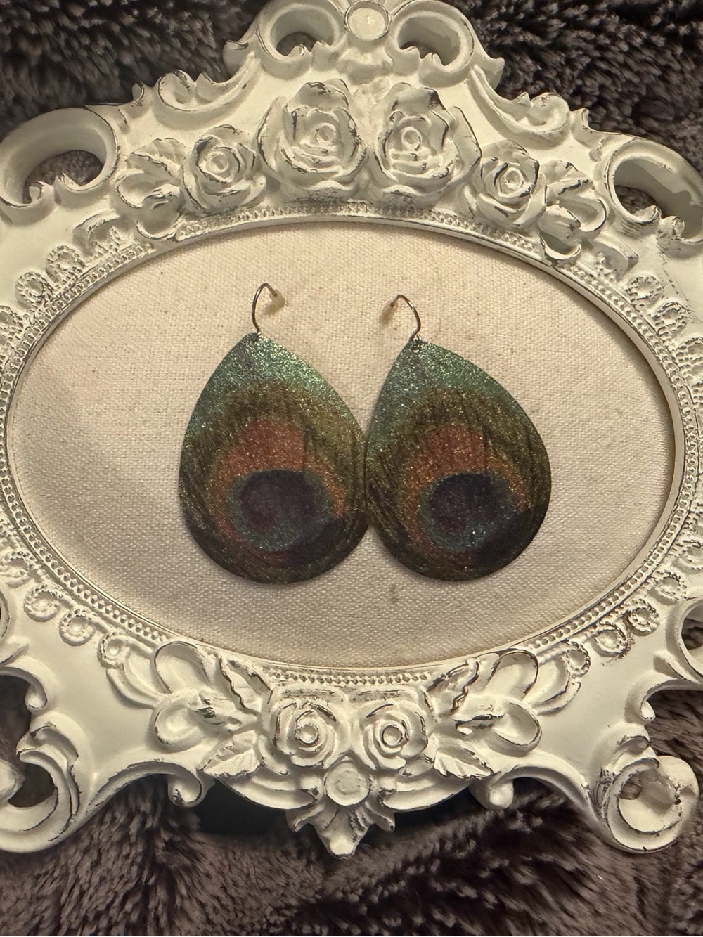 Source Unknown Peacock Feather Teardrop Earrings in Green, Blue, Brown